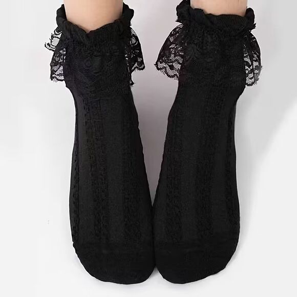 Black Ruffle Lace Top Women's Mid-Calf Socks NEW Cable knit pattern - Picture 4 of 7